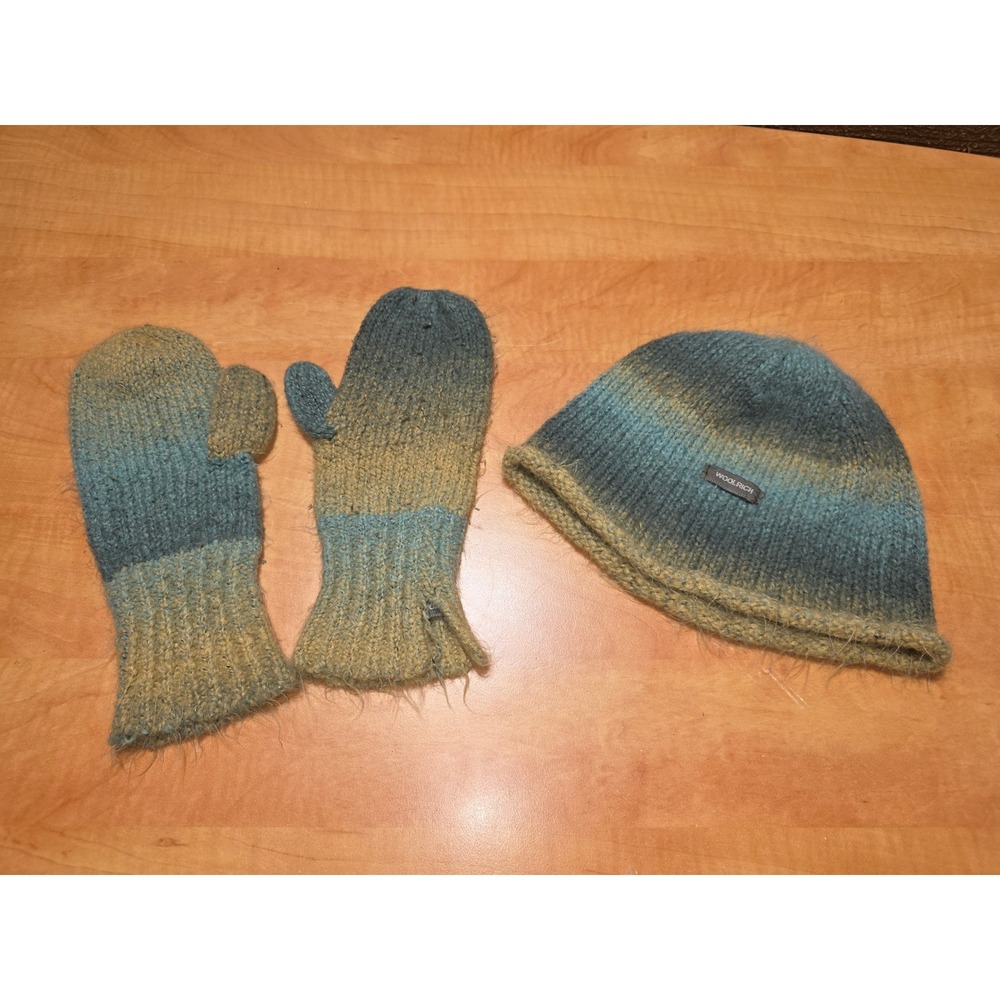 Woolrich Ombre Knit Beanie and‎ Mittens Set Blue Green Wool Blend Winter Hat